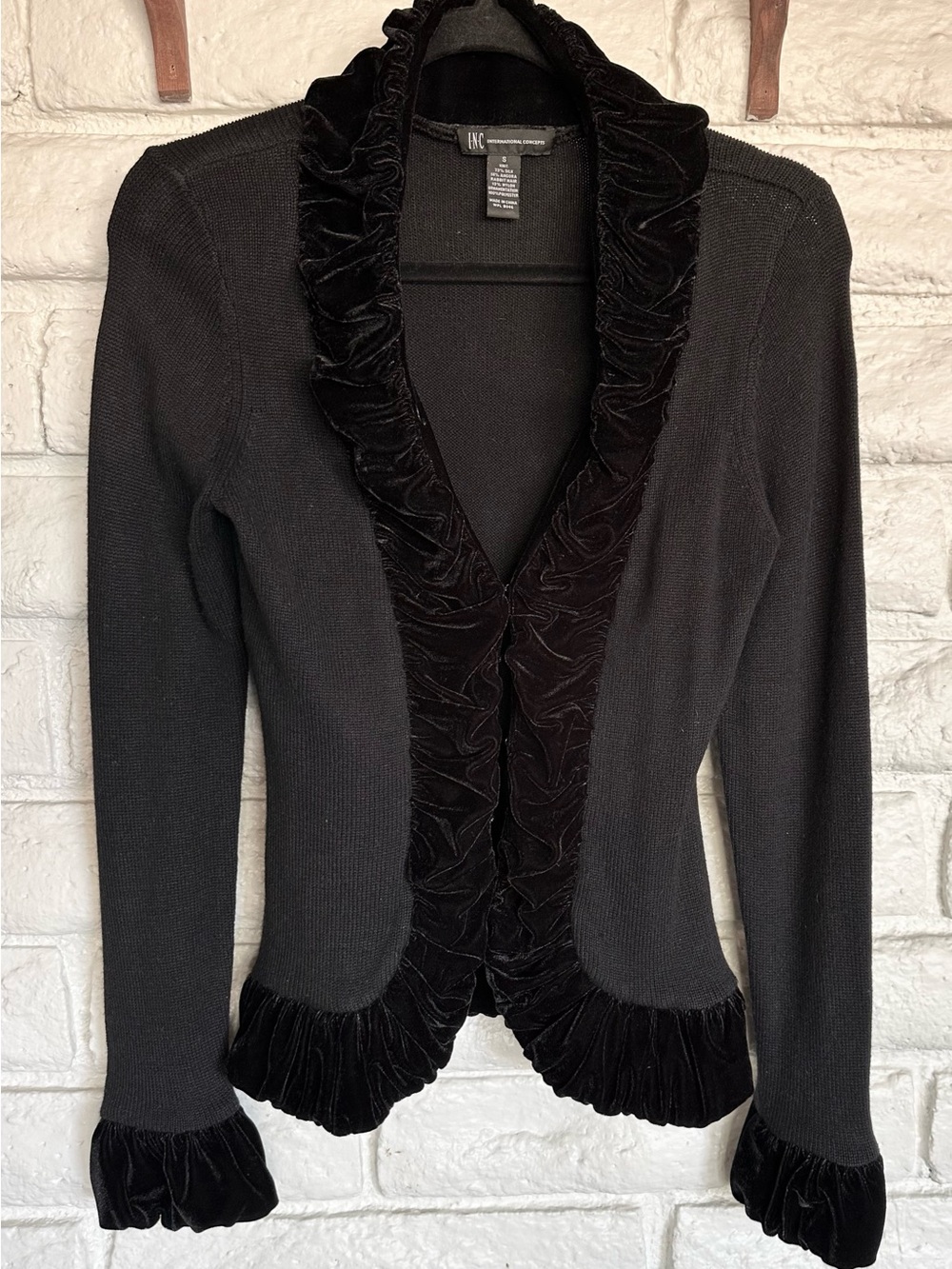 INC International Concepts Black Velvet Ruffle Trim Cardigan